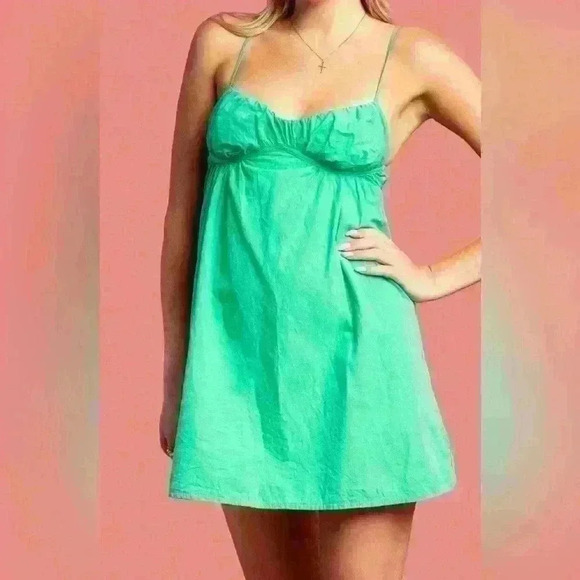 ZARA Mini Babydoll Dress Green Spaghetti Straps Cup Cotton Ruched Short Size L - Picture 6 of 13
